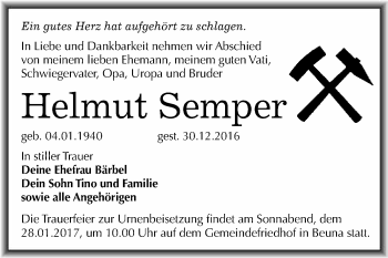Traueranzeige von Helmut Semper von WVG - Wochenspiegel Merseburg