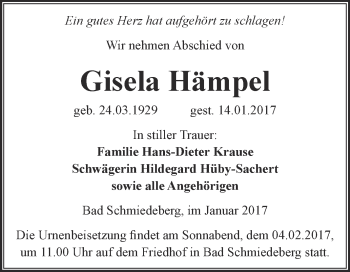 Traueranzeige von Gisela Hämpel von Super Sonntag Wittenberg