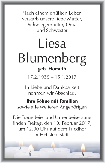Traueranzeige von Liesa Blumenberg von Mitteldeutsche Zeitung Mansfelder Land