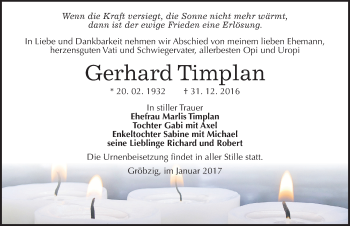 Traueranzeige von Gerhard Timplan von Mitteldeutsche Zeitung Köthen