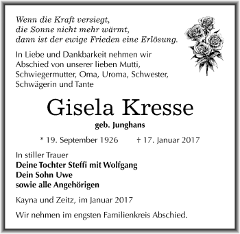 Traueranzeige von Gisela Kresse von Mitteldeutsche Zeitung Zeitz