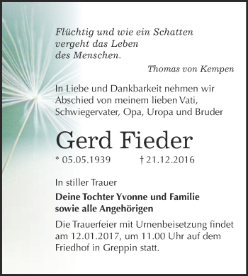 Traueranzeige von Gerd Fieder von WVG - Wochenspiegel Bitterfeld