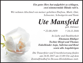 Traueranzeige von Ute Mansfeld von Mitteldeutsche Zeitung Dessau-Roßlau