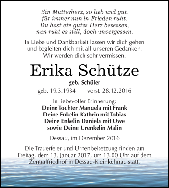 Traueranzeige von Erika Schütze von WVG - Wochenspiegel Dessau / Köthen