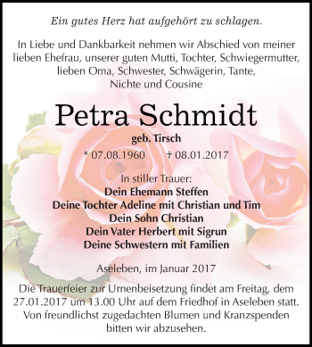 Traueranzeige von Petra Schmidt von Wochenspiegel Mansfelder Land