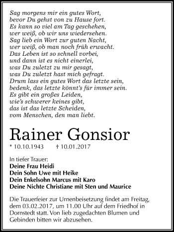 Traueranzeige von Rainer Gonsior von WVG - Wochenspiegel Merseburg