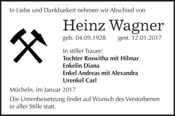 Traueranzeige von Heinz Wagner von WVG - Wochenspiegel Merseburg