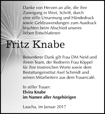 Traueranzeige von Fritz Knabe von Mitteldeutsche Zeitung Naumburg/Nebra