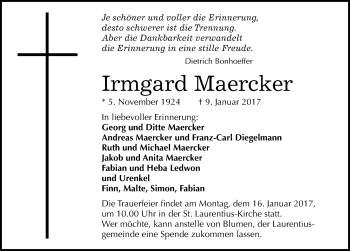Traueranzeige von Irmgard Maercker von Mitteldeutsche Zeitung Halle/Saalkreis