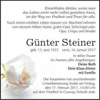 Traueranzeige von Günter Steiner von Super Sonntag Wittenberg
