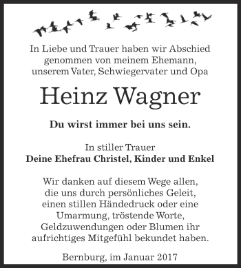 Traueranzeige von Heinz Wagner von Super Sonntag Bernburg