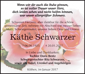 Traueranzeige von Käthe Schwarzer von Mitteldeutsche Zeitung Köthen