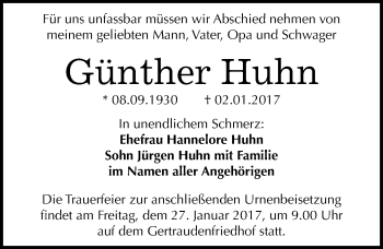 Traueranzeige von Günther Huhn von Mitteldeutsche Zeitung Halle/Saalkreis