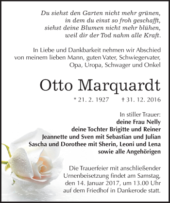 Traueranzeige von Otto Marquardt von Mitteldeutsche Zeitung Quedlinburg