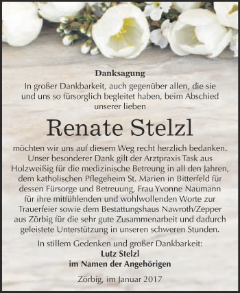 Traueranzeige von Renate Stelzl von WVG - Wochenspiegel Bitterfeld