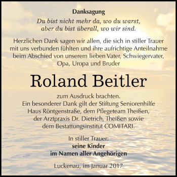 Traueranzeige von Roland Beitler von Super Sonntag Zeitz