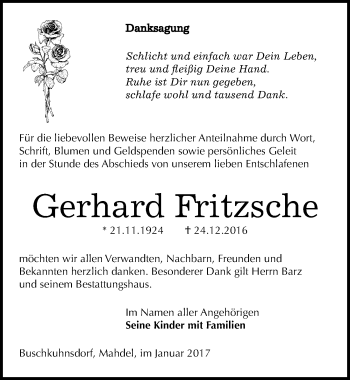 Traueranzeige von Gerhard Fritzsche von Mitteldeutsche Zeitung Wittenberg