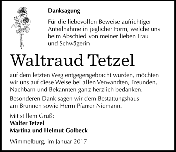 Traueranzeige von Waltraud Tetzel von Mitteldeutsche Zeitung Mansfelder Land