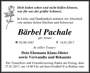 Traueranzeige von Bärbel Pachale von Mitteldeutsche Zeitung Dessau-Roßlau