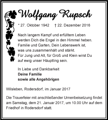 Traueranzeige von Wolfgang Rupsch von Super Sonntag Aschersleben