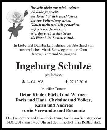 Traueranzeige von Ingeburg Schulze von WVG - Wochenspiegel Dessau / Köthen