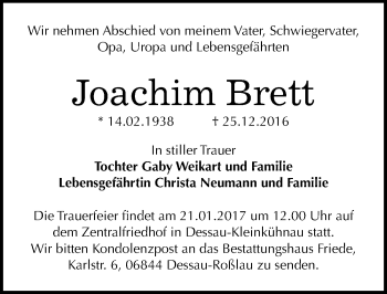 Traueranzeige von Joachim Brett von Mitteldeutsche Zeitung Dessau-Roßlau