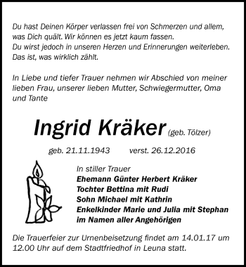 Traueranzeige von Ingrid Kräker von Mitteldeutsche Zeitung Merseburg/Querfurt
