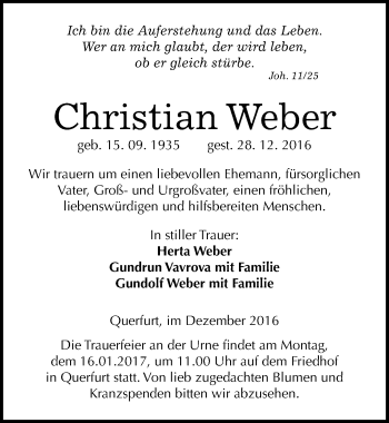 Traueranzeige von Christian Weber von Mitteldeutsche Zeitung Mansfelder Land