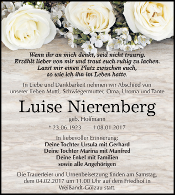 Traueranzeige von Luise Nierenberg von WVG - Wochenspiegel Dessau / Köthen