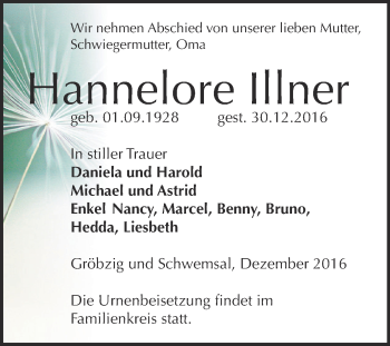 Traueranzeige von Hannelore Illner von WVG - Wochenspiegel Dessau / Köthen