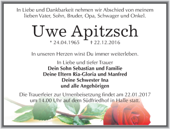 Traueranzeige von Uwe Apitzsch von Mitteldeutsche Zeitung Halle/Saalkreis