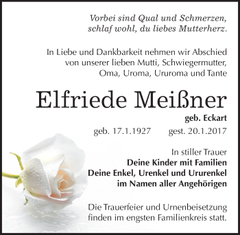 Traueranzeige von Elfriede Meißner von Mitteldeutsche Zeitung Sangerhausen