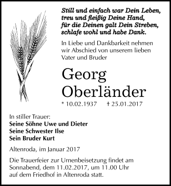 Traueranzeige von Georg Oberländer von Mitteldeutsche Zeitung Naumburg/Nebra