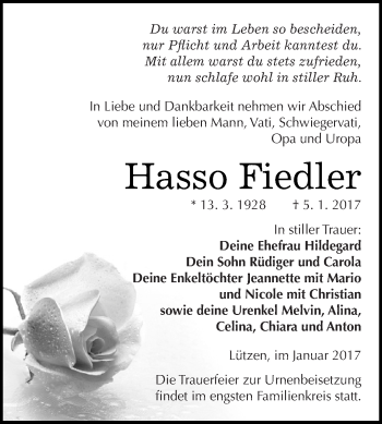 Traueranzeige von Hasso Fiedler von WVG - Wochenspiegel NMB / WSF / ZTZ