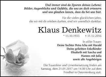 Traueranzeige von Klaus Denkewitz von WVG - Wochenspiegel Dessau / Köthen