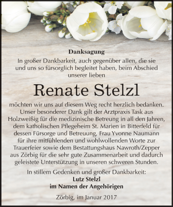 Traueranzeige von Renate Stelzl von Mitteldeutsche Zeitung Bitterfeld