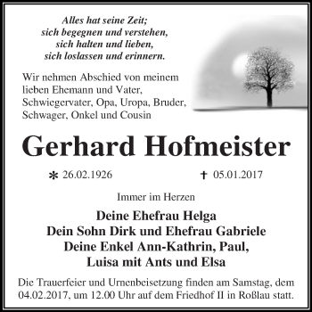 Traueranzeige von Gerhard Hofmeister von WVG - Wochenspiegel Dessau / Köthen