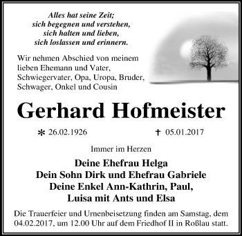 Traueranzeige von Gerhard Hofmeister von Mitteldeutsche Zeitung Dessau-Roßlau