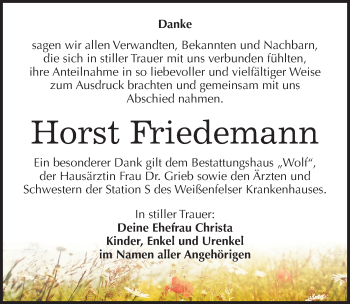Traueranzeige von Horst Friedemann von Mitteldeutsche Zeitung Weißenfels