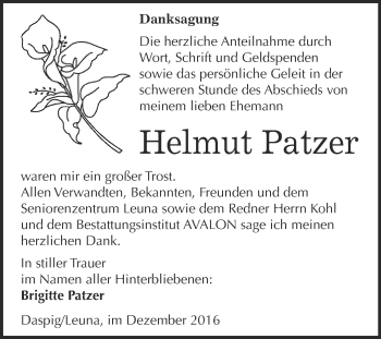 Traueranzeige von Helmut Patzer von WVG - Wochenspiegel Merseburg