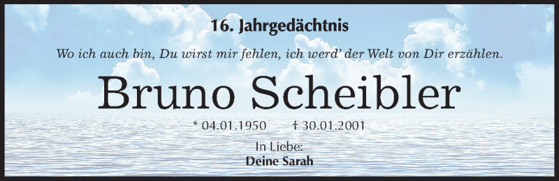  Traueranzeige für Bruno Scheibler vom 30.01.2017 aus Mitteldeutsche Zeitung Köthen