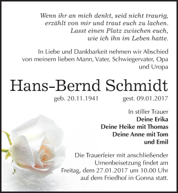 Traueranzeige von Hans-Bernd Schmidt von Mitteldeutsche Zeitung Sangerhausen