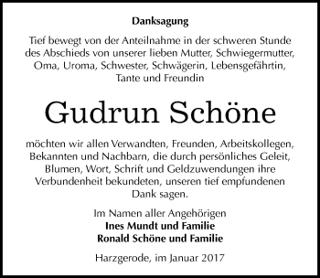 Traueranzeige von Gudrun Schöne von Mitteldeutsche Zeitung Quedlinburg