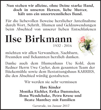 Traueranzeige von Ilse Birkmann von Mitteldeutsche Zeitung Quedlinburg