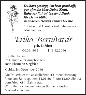 Traueranzeige von Erika Bernhardt von WVG - Wochenspiegel Wittenberg