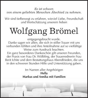 Traueranzeige von Wolfgang Brömel von WVG - Wochenspiegel Merseburg