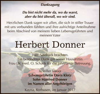 Traueranzeige von Herbert Donner von Super Sonntag Zeitz
