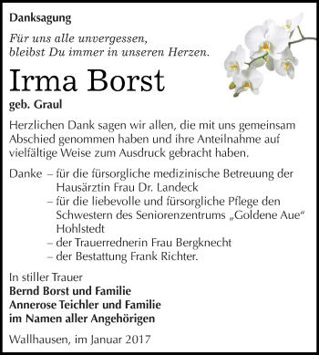 Traueranzeige von Irma Borst von Super Sonntag SGH Mansf. Land