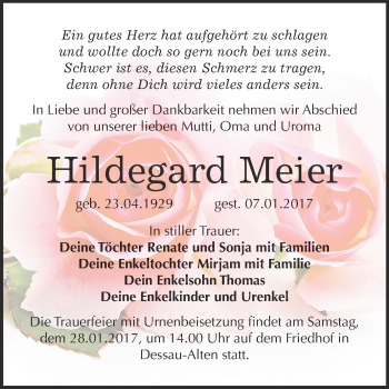 Traueranzeige von Hildegard Meier von WVG - Wochenspiegel Bitterfeld