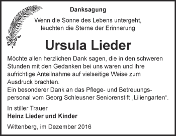 Traueranzeige von Ursula Lieder von Super Sonntag Wittenberg